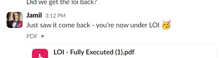 Deal outcome screenshot for: 62 Days From Onboarding to LOI Accepted On a $6M Deal
